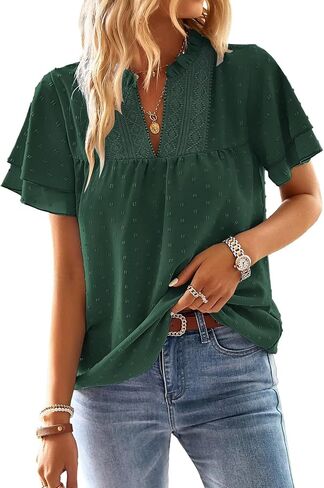 Womens Tops Butterfly Sleeve V Neck Blouses for Women Dressy Casual Flowy Swiss Dot Ruffle Short Sleeve Shirts in Saudi Arabia