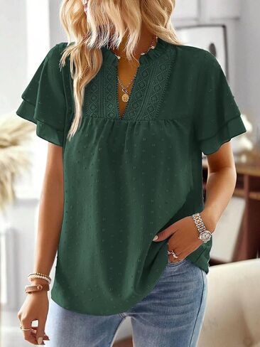 Womens Tops Butterfly Sleeve V Neck Blouses for Women Dressy Casual Flowy Swiss Dot Ruffle Short Sleeve Shirts in Saudi Arabia