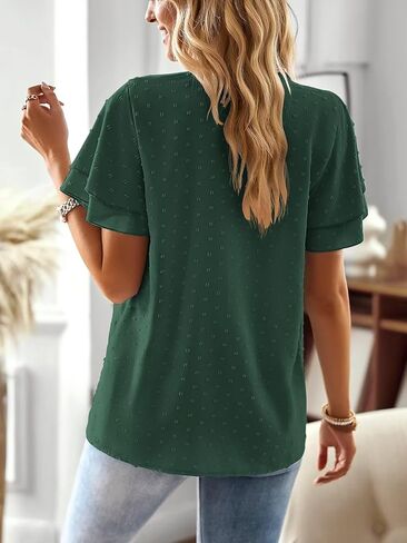 Womens Tops Butterfly Sleeve V Neck Blouses for Women Dressy Casual Flowy Swiss Dot Ruffle Short Sleeve Shirts in Saudi Arabia
