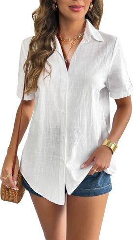 Zeagoo Women Linen Button Down Shirt Rolled Cuffed Short Sleeve Blouse Ladies Summer Casual V Neck Beach Cotton Tops in Saudi Arabia