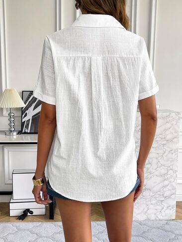 Zeagoo Women Linen Button Down Shirt Rolled Cuffed Short Sleeve Blouse Ladies Summer Casual V Neck Beach Cotton Tops in Saudi Arabia