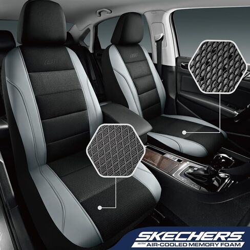 Skechers Aircooled & Memory Foam Car Seat Covers,Premium Leather with EVA Mesh Seat Covers, Front car seat Protector, Airbag Compatible, Automotive Comfort for Most Cars, Vans, Trucks, SUV,Gray in Saudi Arabia
