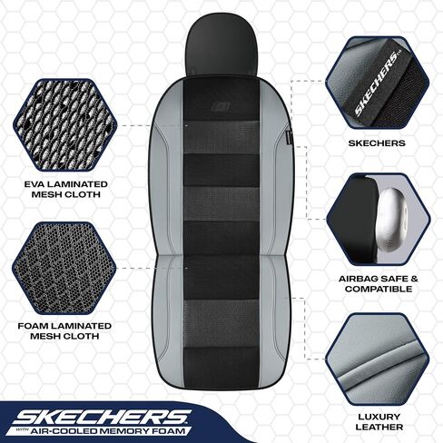 Skechers Aircooled & Memory Foam Car Seat Covers,Premium Leather with EVA Mesh Seat Covers, Front car seat Protector, Airbag Compatible, Automotive Comfort for Most Cars, Vans, Trucks, SUV,Gray in Saudi Arabia