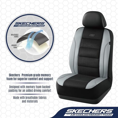 Skechers Aircooled & Memory Foam Car Seat Covers,Premium Leather with EVA Mesh Seat Covers, Front car seat Protector, Airbag Compatible, Automotive Comfort for Most Cars, Vans, Trucks, SUV,Gray in Saudi Arabia