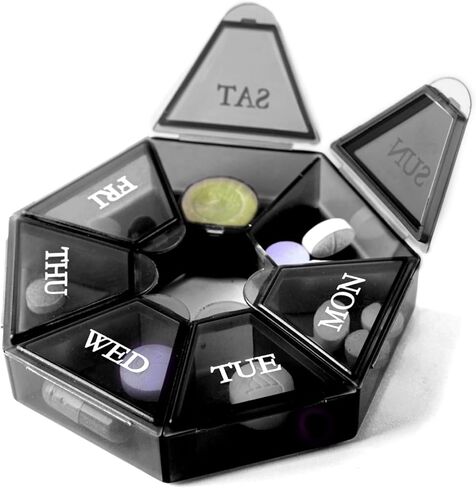 Deke Home - Small Weekly Pill Organizer, Round Pill Dispenser for Travel, Mini Pill Organizer, Compact Medicine Holder, Pill Sorters 7 Days, Portable Vitamin Container, BPA Free (Food Grade) in Kuwait