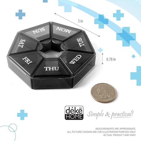 Deke Home - Small Weekly Pill Organizer, Round Pill Dispenser for Travel, Mini Pill Organizer, Compact Medicine Holder, Pill Sorters 7 Days, Portable Vitamin Container, BPA Free (Food Grade) in Kuwait