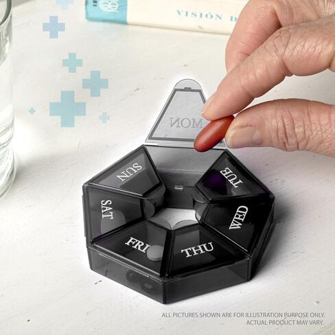 Deke Home - Small Weekly Pill Organizer, Round Pill Dispenser for Travel, Mini Pill Organizer, Compact Medicine Holder, Pill Sorters 7 Days, Portable Vitamin Container, BPA Free (Food Grade) in Kuwait