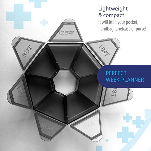 Deke Home - Small Weekly Pill Organizer, Round Pill Dispenser for Travel, Mini Pill Organizer, Compact Medicine Holder, Pill Sorters 7 Days, Portable Vitamin Container, BPA Free (Food Grade) in Kuwait