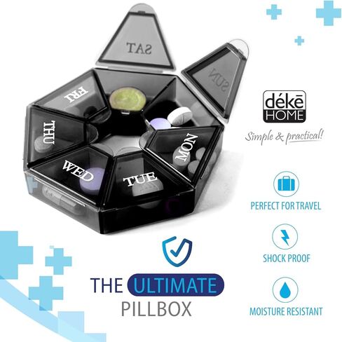 Deke Home - Small Weekly Pill Organizer, Round Pill Dispenser for Travel, Mini Pill Organizer, Compact Medicine Holder, Pill Sorters 7 Days, Portable Vitamin Container, BPA Free (Food Grade) in Kuwait