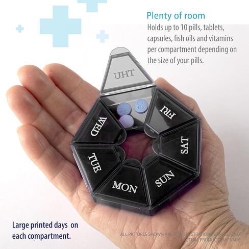 Deke Home - Small Weekly Pill Organizer, Round Pill Dispenser for Travel, Mini Pill Organizer, Compact Medicine Holder, Pill Sorters 7 Days, Portable Vitamin Container, BPA Free (Food Grade) in Kuwait