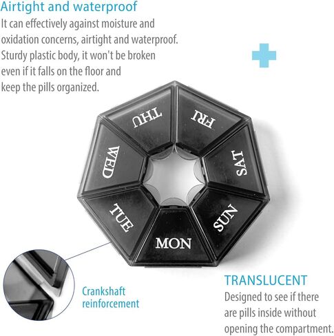 Deke Home - Small Weekly Pill Organizer, Round Pill Dispenser for Travel, Mini Pill Organizer, Compact Medicine Holder, Pill Sorters 7 Days, Portable Vitamin Container, BPA Free (Food Grade) in Kuwait