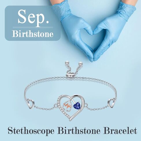 Heart Stethoscope Birthstone Bracelet for Women,925 Sterling Silver 12 Month Doctor Nurse Medical RN Registered Bracelets Jewelry Gifts for Graduation Retirement Nurse Day Birthday in Kuwait