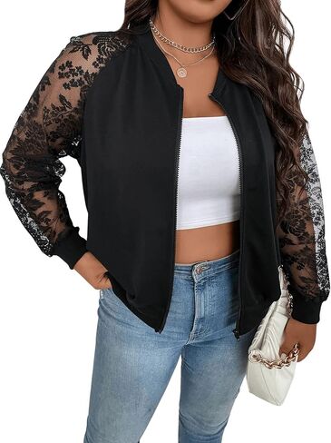 Floerns Women's Plus Size Sheer Floral Lace Long Sleeve Baseball Jacket in Kuwait