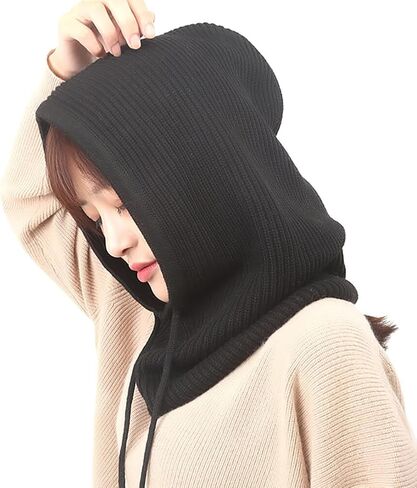 Hooded Scarf Hat with Drawstring, Soft Warm Winter Hats for Women, Knitted Hoodie Scarf Neck Warmer Dark Grey in Kuwait