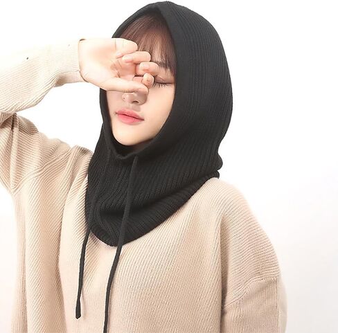 Hooded Scarf Hat with Drawstring, Soft Warm Winter Hats for Women, Knitted Hoodie Scarf Neck Warmer Dark Grey in Kuwait