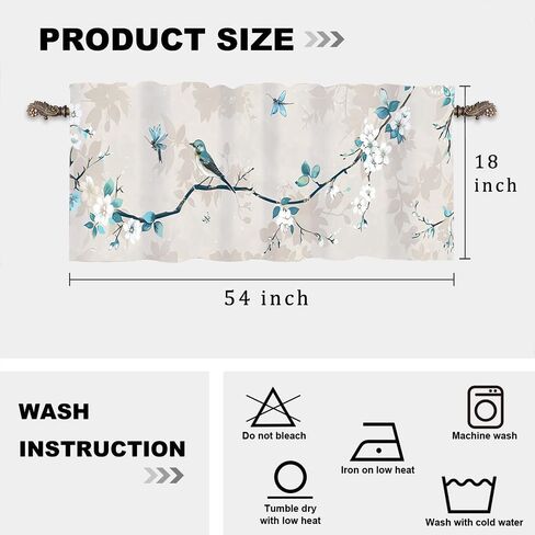 1 Panel Farmhouse Floral Bird Valance for Windows, Branch Plant Pattern Rod Pocket Valance Curtains Home Decor Window Treatment for Kitchen/Living Room, 54" X 18" in Saudi Arabia