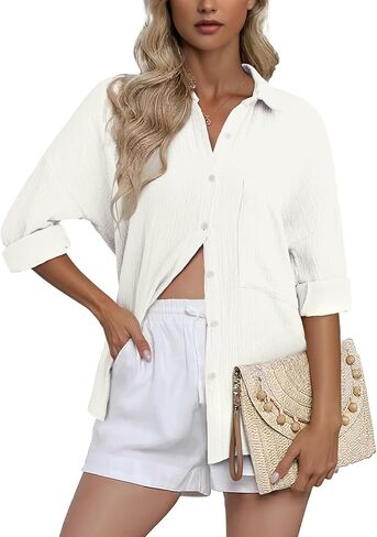Dokotoo Womens Color Block Button Down Shirts Long Sleeve Oversized Boyfriend Blouses Tops in Kuwait