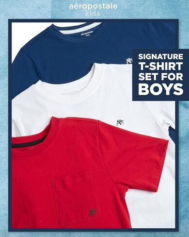 قمصان Aeropostale Boys النشطة-3 عبوة ناعمة جيرسي Crew Neck Short Logo Tees Pocket Pocket for Boys (الأحجام: 8-16) in Kuwait