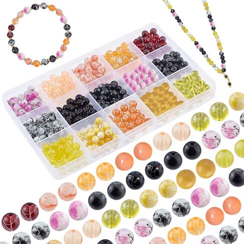 PH PandaHall 450pcs 8mm Blue Glass Beads, 15 Styles Sea Blue Crackle Glass Bead Round Loose Beads Spacers Craft Glass Beads for Summer Boho Hawaii Bracelets Necklaces Earring Crafts Jewelry Making in Kuwait
