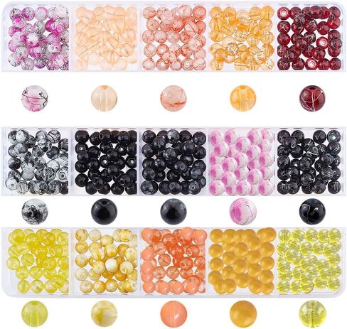 PH PandaHall 450pcs 8mm Blue Glass Beads, 15 Styles Sea Blue Crackle Glass Bead Round Loose Beads Spacers Craft Glass Beads for Summer Boho Hawaii Bracelets Necklaces Earring Crafts Jewelry Making in Kuwait