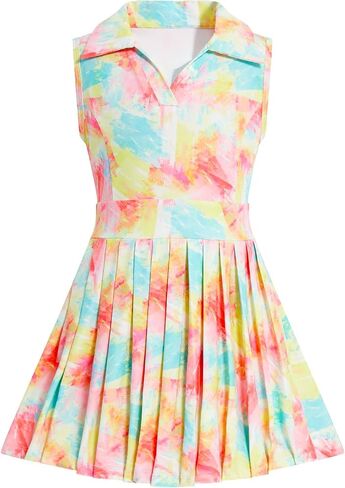 JiAmy Girls Tennis Dress Sleeveless Polo V Neck Athletic Dress Cutout Back Printed Pleated Girls Golf Dresses 3-12 Y in Kuwait