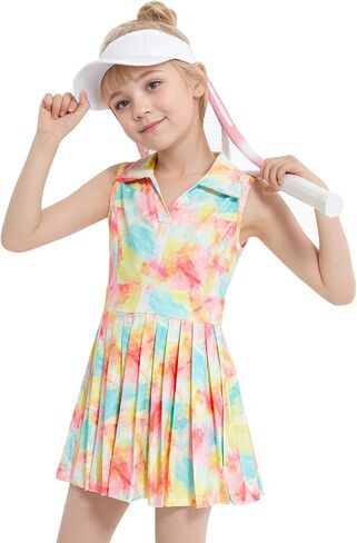 JiAmy Girls Tennis Dress Sleeveless Polo V Neck Athletic Dress Cutout Back Printed Pleated Girls Golf Dresses 3-12 Y in Kuwait
