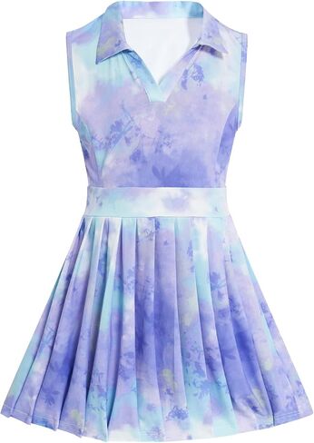 JiAmy Girls Tennis Dress Sleeveless Polo V Neck Athletic Dress Cutout Back Printed Pleated Girls Golf Dresses 3-12 Y in Kuwait