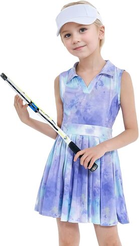 JiAmy Girls Tennis Dress Sleeveless Polo V Neck Athletic Dress Cutout Back Printed Pleated Girls Golf Dresses 3-12 Y in Kuwait