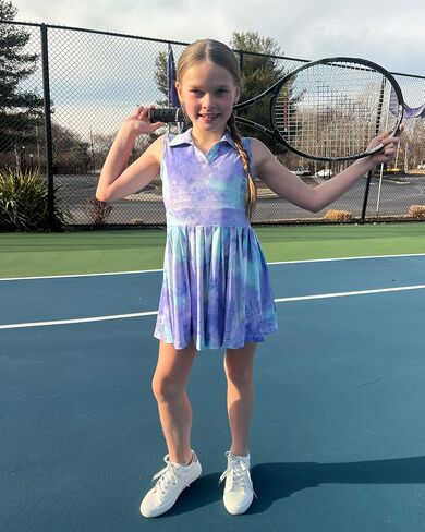JiAmy Girls Tennis Dress Sleeveless Polo V Neck Athletic Dress Cutout Back Printed Pleated Girls Golf Dresses 3-12 Y in Kuwait