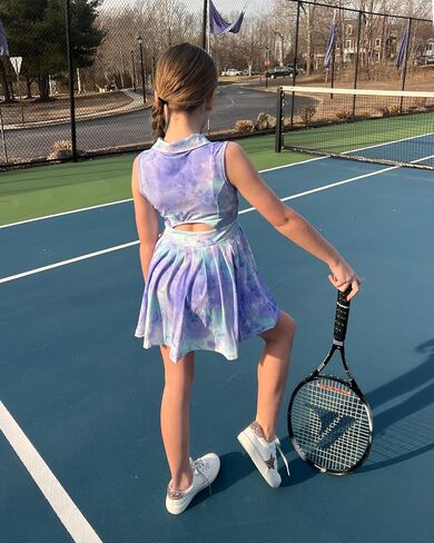 JiAmy Girls Tennis Dress Sleeveless Polo V Neck Athletic Dress Cutout Back Printed Pleated Girls Golf Dresses 3-12 Y in Kuwait