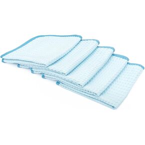 The Rag Company - Dry Me A River - Professional Professional 70/30 Microfiber Waffle -Waffle Waffy Waving & Depance Faceels ، حواف من جلد الغزال الناعمة ، 390GSM ، 16 بوصة × 16 بوصة ، أزرق فاتح (5 عبوات)
