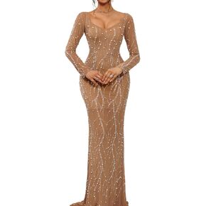 Long Sleeve Pearl Dress Maxi Prom Cocktail Evening Dresses with Rhinestone