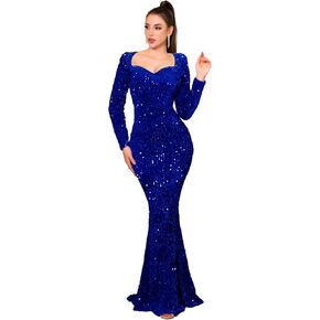 Velvet Sequin Formal Evening Party Dress Sweatheart Bodycon Long Sleeve Maxi Gown