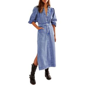 Womens Denim Long Shirt Dress Casual Button Down Jean Dress Collar A-Line Flowy Midi Dress with Pocket