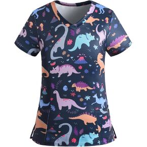 Scrub Tops for Women Short Sleeve Vneck Stretch Holiday Scrub Shirt Cute Animal Print Nursing Workwear with 2 Pockets