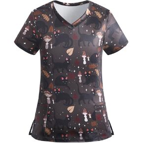 Scrub Tops for Women Short Sleeve Vneck Stretch Holiday Scrub Shirt Cute Animal Print Nursing Workwear with 2 Pockets in Saudi Arabia