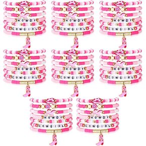 56 Pcs Pink Cowgirl Heishi Bracelets Western Cowgirl Stackable Rainbow Clay Beaded Stretch Bracelets Elastic Layering Friendship Bracelets for Women