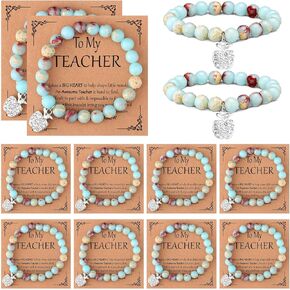 12 Set End of Year Teacher Gifts from Students Graduation Gifts Thank You Natural Stone Apple Bracelet for Women Birthday Teacher with Message Cards