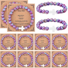 12 Pieces Cross Beaded Bracelet for Women Christian Natural Stone Gifts Bulk with Bible Card for Easter Mom Friend