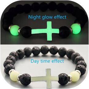 8mm Natural Volcanic Stone Bracelets for Men,Luminous Cross Bracelets,Healing Crystal Elastic Stretch Beads Bracelet,Religion Holy Communion Bracelet for Women