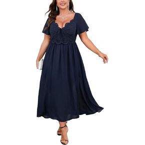 Women's Plus Size Lace Maxi Dress Short Sleeve V Neck Flowy Empire Waist Smocked Back Wedding Guest Dress