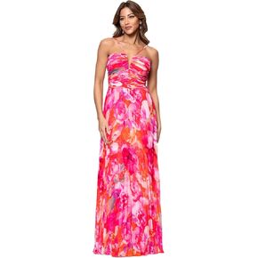 XSCAPE Women's Women Long Halter v Neck Printed Pressed Frict Bress