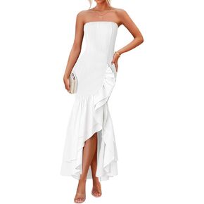 ZESICA Women's 2025 Summer Strapless Bodycon Maxi Dress Ribbed Sexy High Split Mermaid Prom Party Dresses