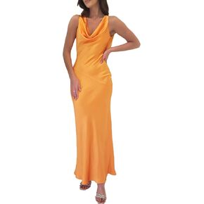 Satin Cowl Neck Sleeveless Backless Maxi Wedding Guest Dress Silk Open Back Tie Back Prom Formal Dresses for Women 2025