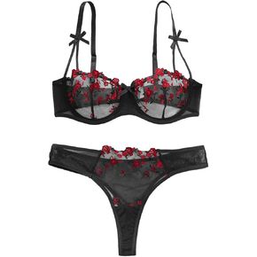 Lilosy Sexy Bows Floral Embroidered Mesh Sheer Underwire Lingerie Set 2 Piece