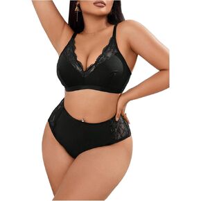 SOLY HUX Women's Plus Size Lingerie Set Deep V Wireless Bra and Panty Set Lace Boudoir Outfits 2 Piece