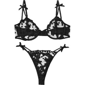 Sexy Underwire Cute Push Up Strappy Embroidered Mesh Sheer Lingerie Set See Through Panty Bra