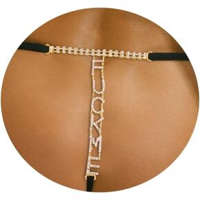 Rhinestone Letters Waist Chain Panties Thongs Summer Crystal Thong Chain Bikini Elastic Belly Chain Festival Rave Rhinestone G String Waist Body Jewelry for Women in Saudi Arabia