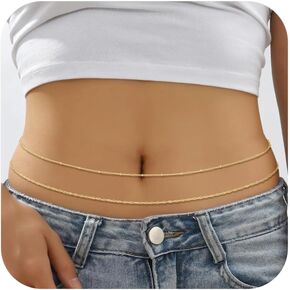 14K Gold Waist Chain for Women, 2Pcs Adjustable Pearl Beads Body Chain, Sexy Layered Summer Beach Bikini Belly Jewelry Accessories