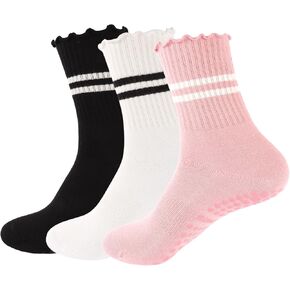 3 Pairs Yoga Socks with Grips, Non Slip Ruffle Pilates Socks Frilly Crew Socks for Barre Barefoot Workout Hospita
